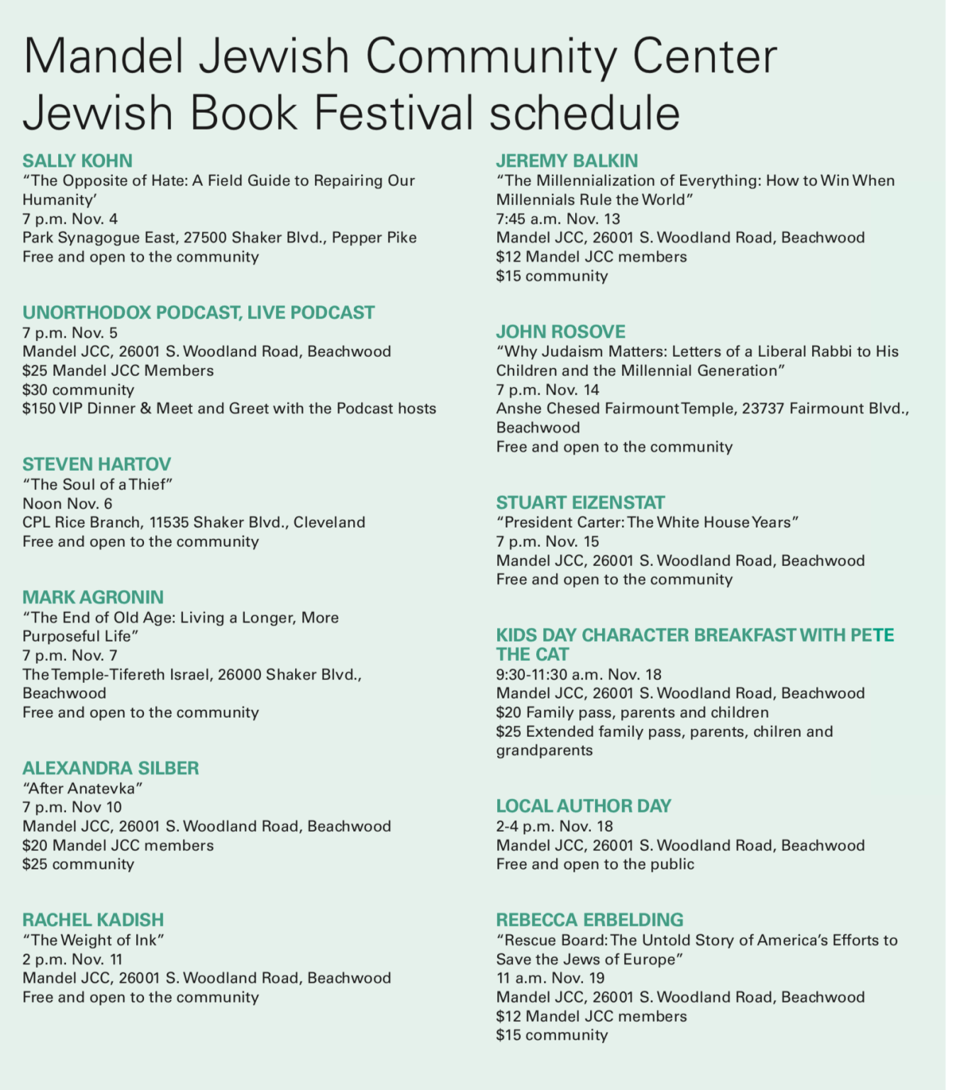 Mandel Jewish Community Center Jewish Book Festival Schedule